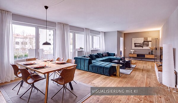 Appartement avec 3.5 pièces | München-Au | 704231 | Foto von KI generiert, Darstellung einer möglichen Wohnraumgestaltung ohne Zwischenwand