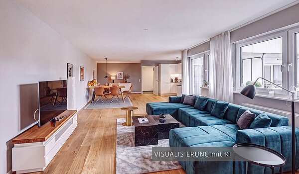 Appartement avec 3.5 pièces | München-Au | 704231 | Foto von KI generiert, Darstellung einer möglichen Wohnraumgestaltung ohne Zwischenwand