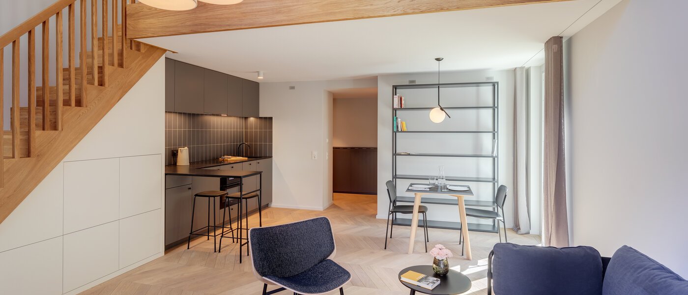 appartement style maisonnette avec mezzanine München Herzogpark 04 pièce à vivre 12522