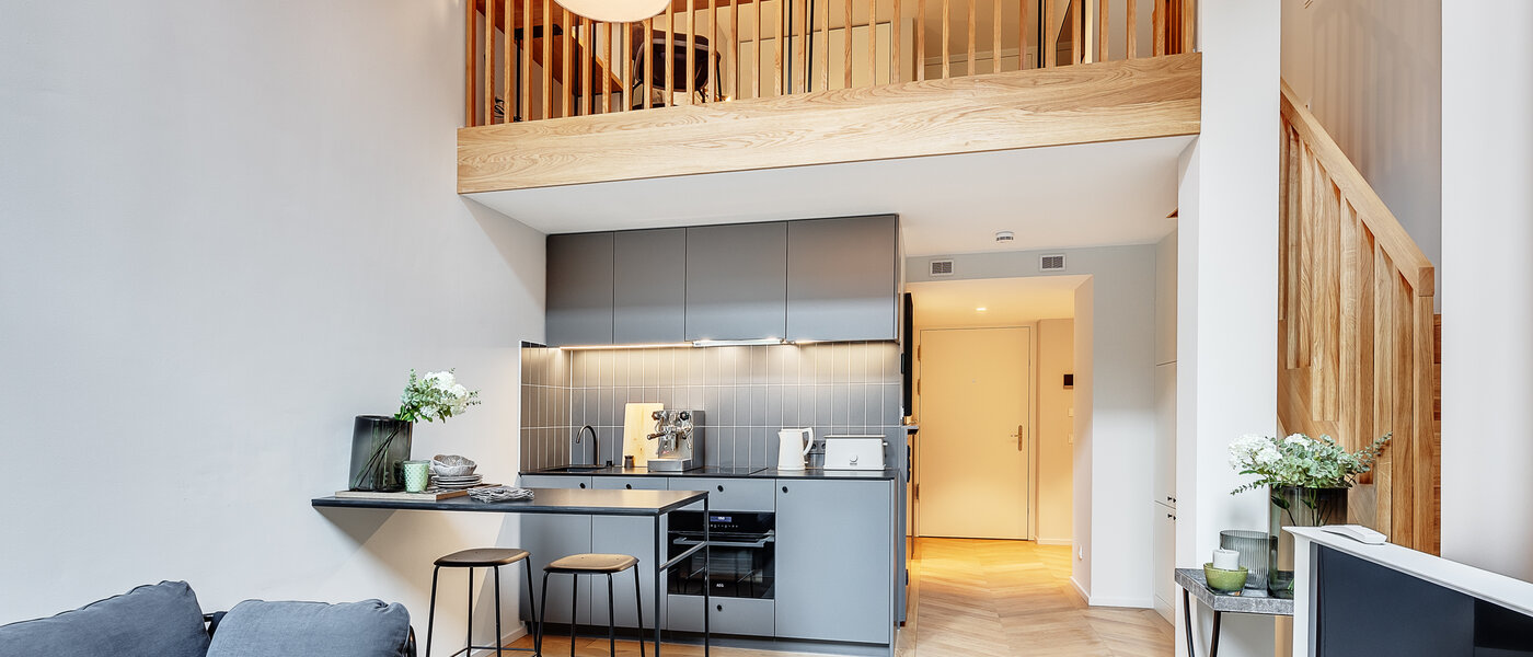 appartement style maisonnette avec mezzanine München Herzogpark 02 pièce à vivre 12611